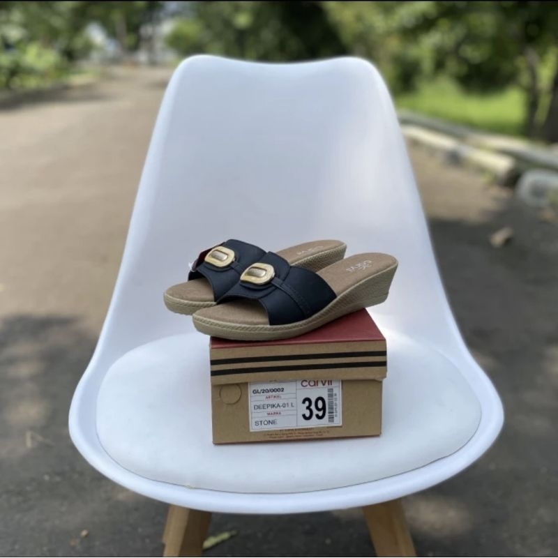 Sandal carvil rossa hitam wedges cewe