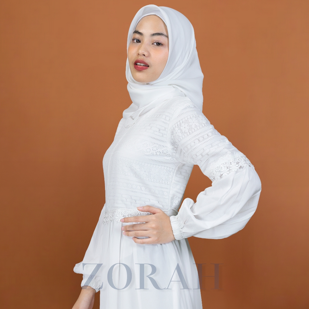Limited Zorah Gamis Putih Brokat Wanita Simple Elegan Busui & Wudhu Friendly Dress Brukat Putih