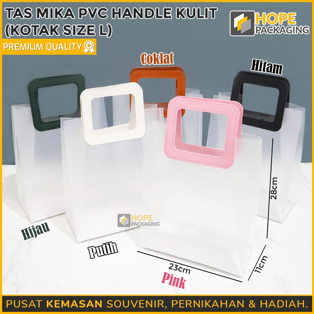 

Tas Mika Tebal Kulit Pvc Transparan Bening Size (L) : 23x28x11cm Souvenir / Tas Goodie Bag/Gift Bag Handle Kulit / Tas Pvc Tebal / Tas Hampers / Kantong Souvenir Ultah / Tote Bag /