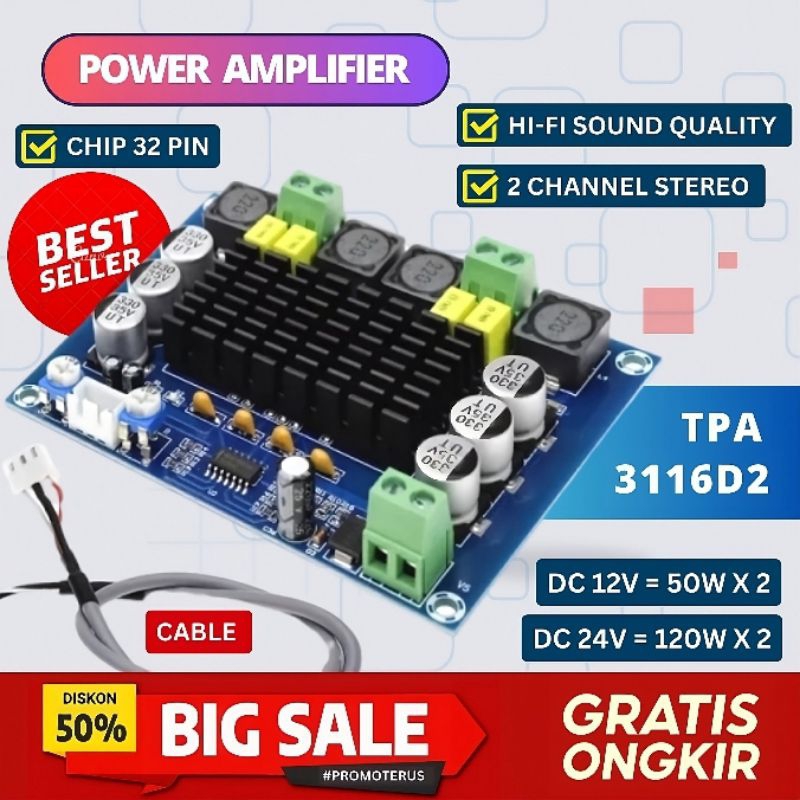 Kit Power Amplifier Class D TPA3116D2 12V-24V 2x120 Watt
