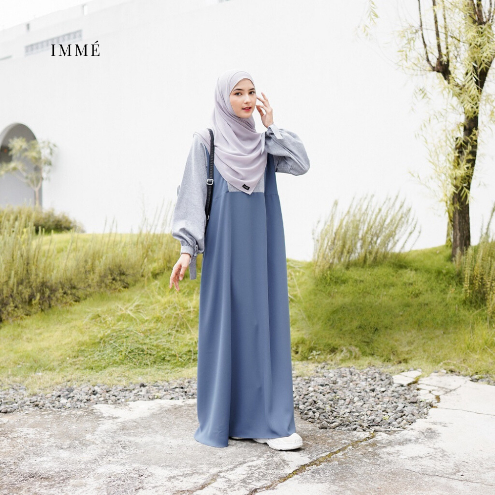 IMME - Gamis Wanita Remaja Kekinian Terbaru Dress Gamis Muslim Polos Kombinasi Warna Biru Blue Denim
