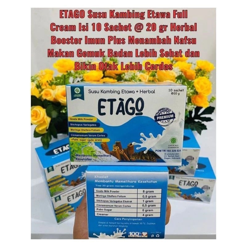 

etago sachet isi 10 pcs susu kambing etawa plus herbal nomor 1 di Indonesia