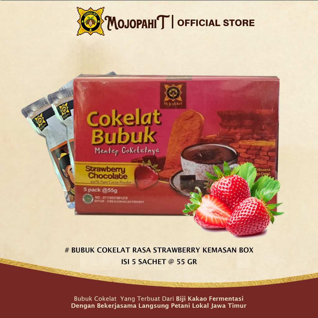 

Cokelat Mojopahit | Bubuk Cokelat Rasa Strawberry Kemasan Box | isi 5 Sachet @ 55 gr