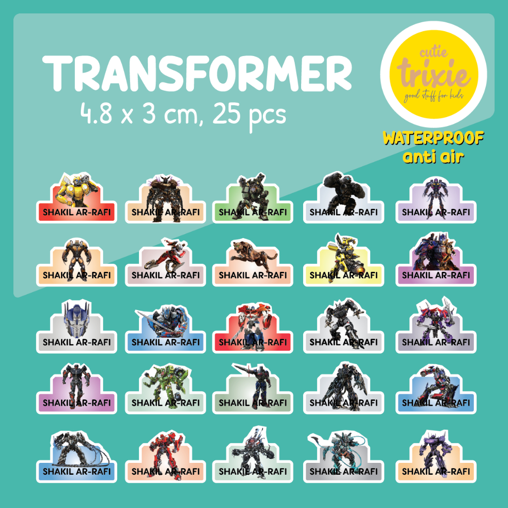 

Sticker label nama anak waterproof Transformer