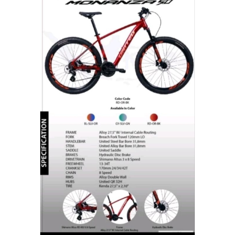 Sepeda Gunung MTB United 27,5 inch Monanza 5.0 Shimano Altus 3x8 Speed