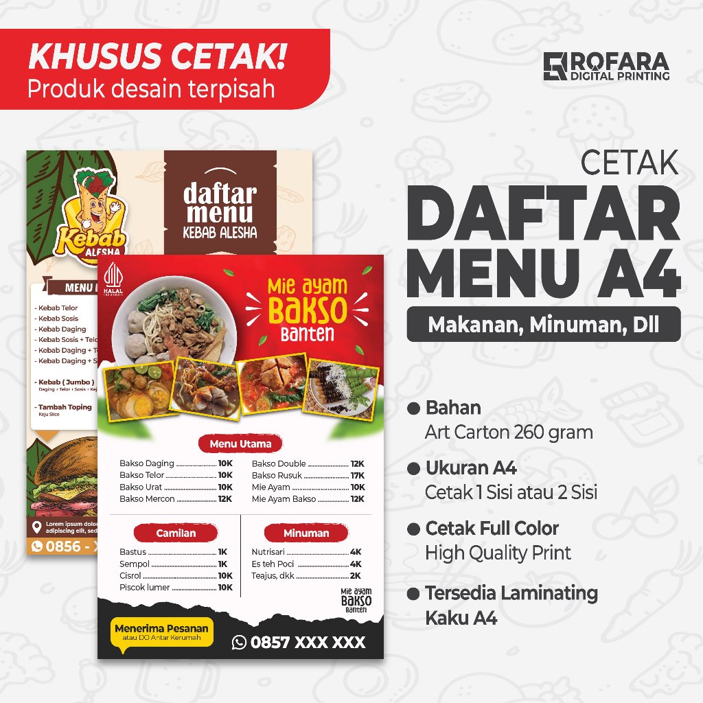 

Cetak Daftar Menu A4 | Makanan, Minuman, Dll | Bahan Art Carton 260 gram