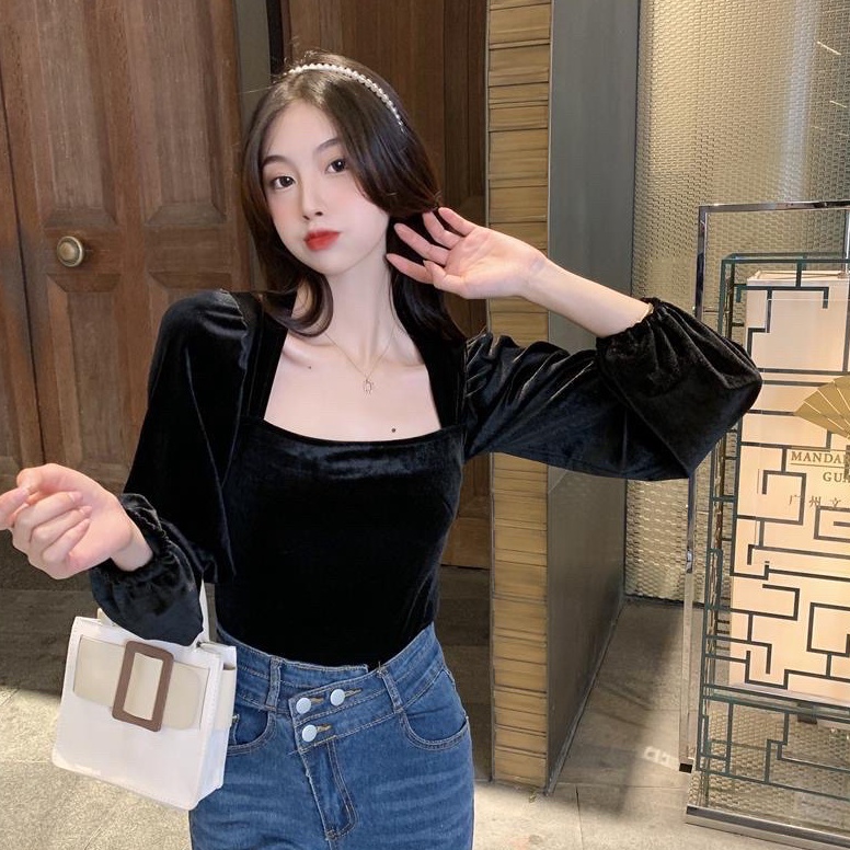 GROSIR  Korean blouse top square neck velvet Bludru Tidak crop atasan wanita baju natal  Blouse gaya