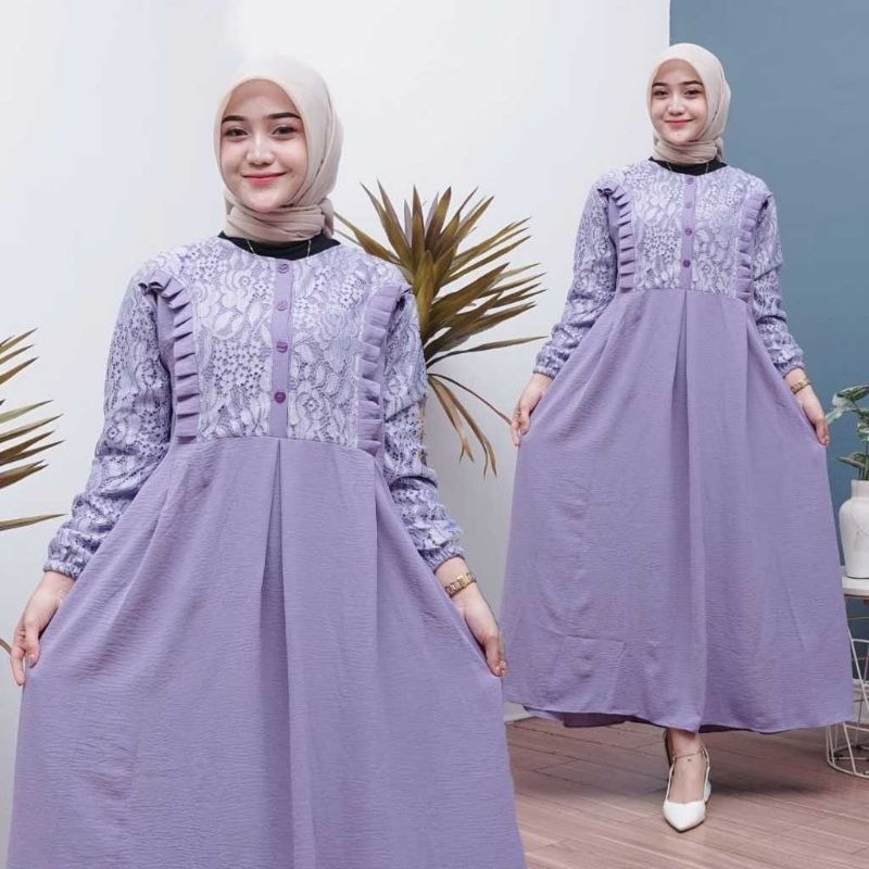 GAMIS MAXY DRESS CRINKLE AIRFLOW KOMBINASI RENDA BROKAT/GAMIS WANITA DEWASA JUMBO KEKINIAN