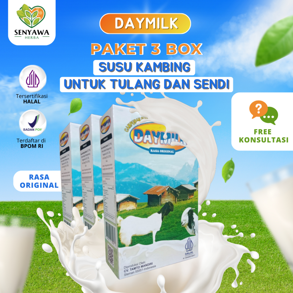 

PAKET 3 BOX SUSU DAYMILK RASA ORIGINAL - Susu Kambing Etawa Bubuk Premium - Memelihara Kesehatan Tulang, Sendi, Meminimalisir Gejala Asam Lambung, Maag, Diare, Melegakkan Pernapasan Sesak dan Tidak Bau Prengus - 200gr Halal BPOM