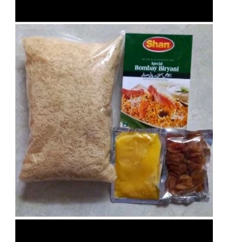 

paket beras 1 kg+ Shan Bombay briyani+ minyak Samin + kismis