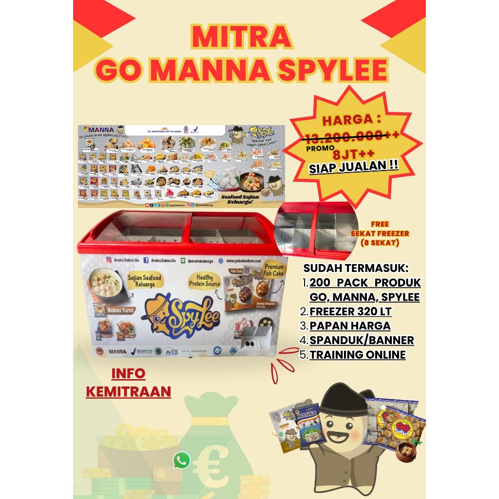 

Paket Usaha Mitra Frozen Food Produk Go, Manna Spylee Halal BPOM FRENCHISE
