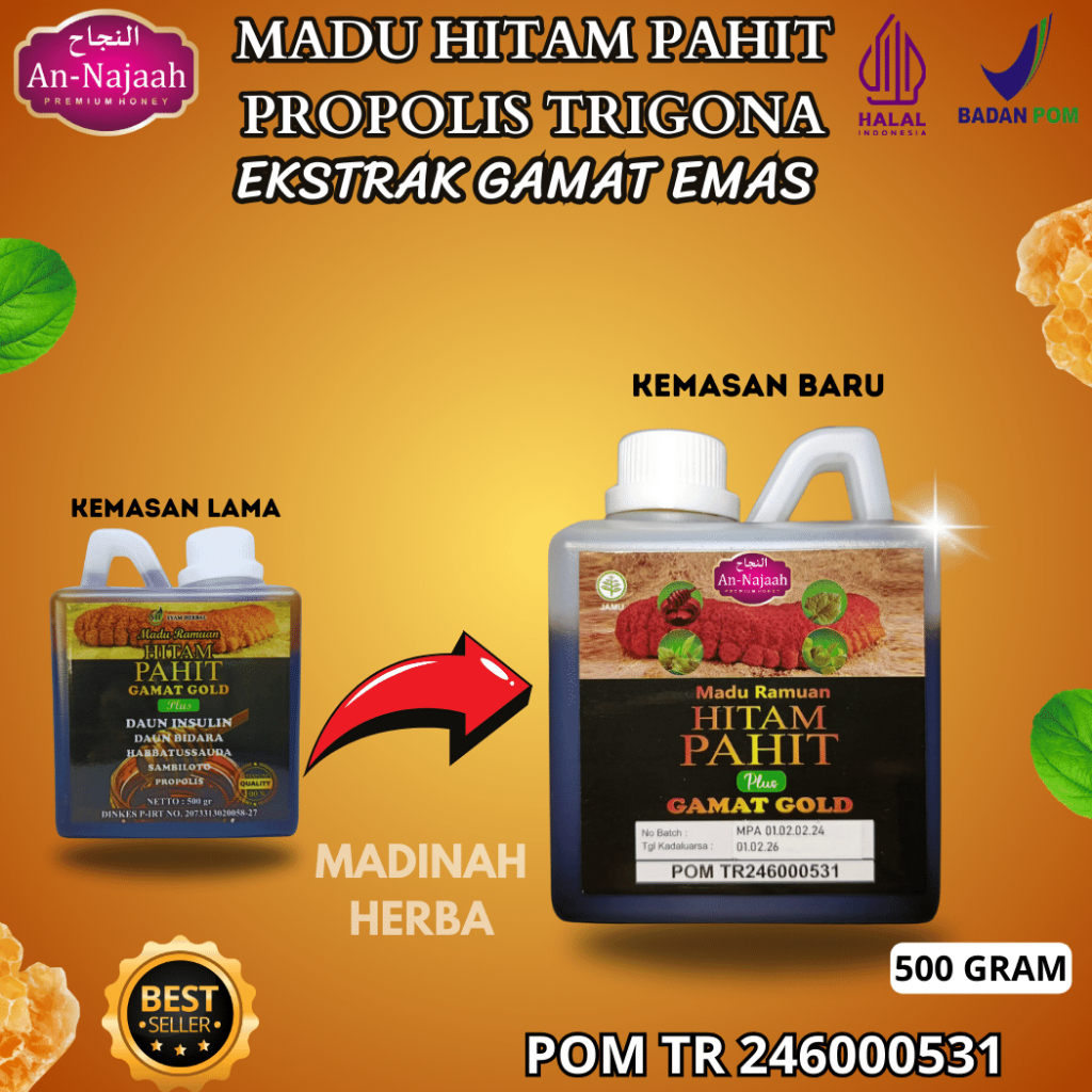 Madu Hitam Pahit Gamat Gold Plus Insulin Sambiloto Propolis An-Najaah Original Bpom 500 Gram