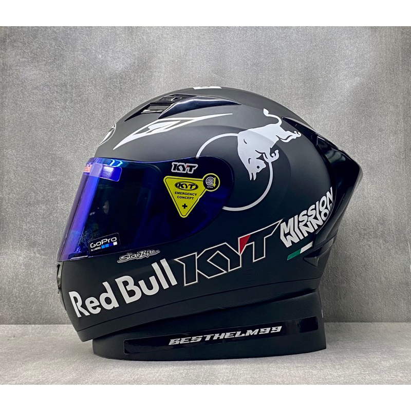 KYT R10 Solid Black Doff || Paket Stiker Red bull Putih - Helm Full Face