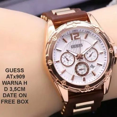 HOTSALE JAM TANGAN WANITA GUESS KARET CHRONO VARIASI COKLAT FREE BOX