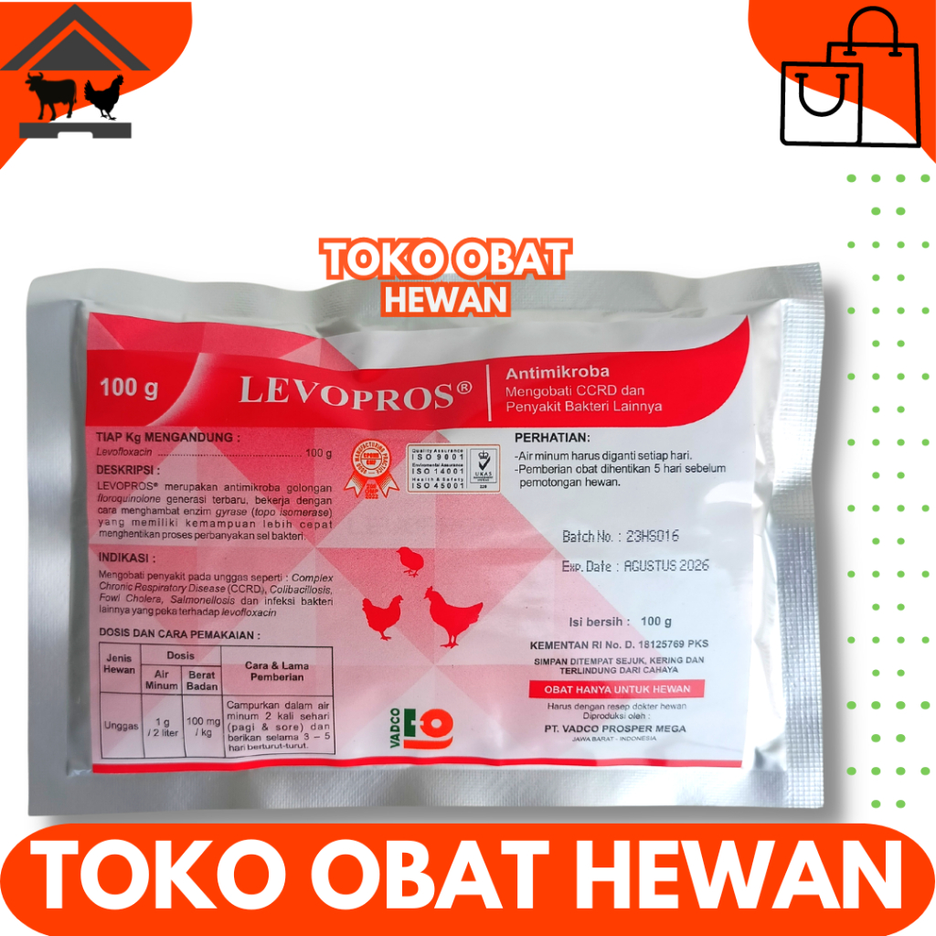 LEVOPROS 100 GRAM VADCO - Obat Ayam Cekres Batuk Crd Colibacilosis Salmonella Fowl Cholera CCRD  Lik