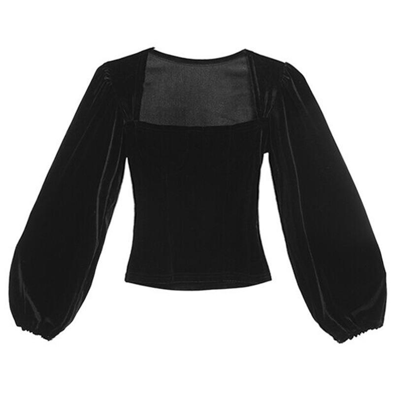 [ KHAEFASHION ] - (SL033) Korean Blouse Velvet Top Square Neck Long Sleeve Bluse Lengan Panjang Puff