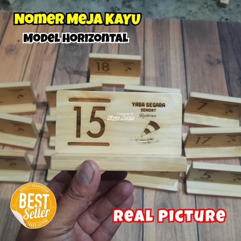 Nomor Meja Kayu Jati Belanda Horizontal | Penanda Nomer Meja Cafe Restoran Custom Logo dan Tulisan