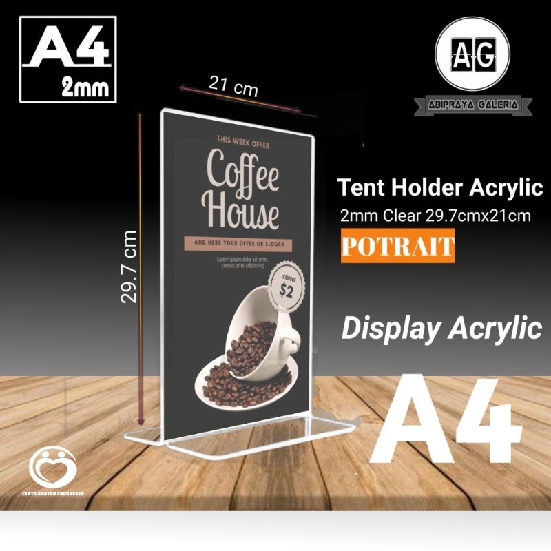 

TENT HOLDER ACRYLIC / AKRILIK STANDING / TEMPAT BROSUR AKRILIK / A4 2mm TYPE T