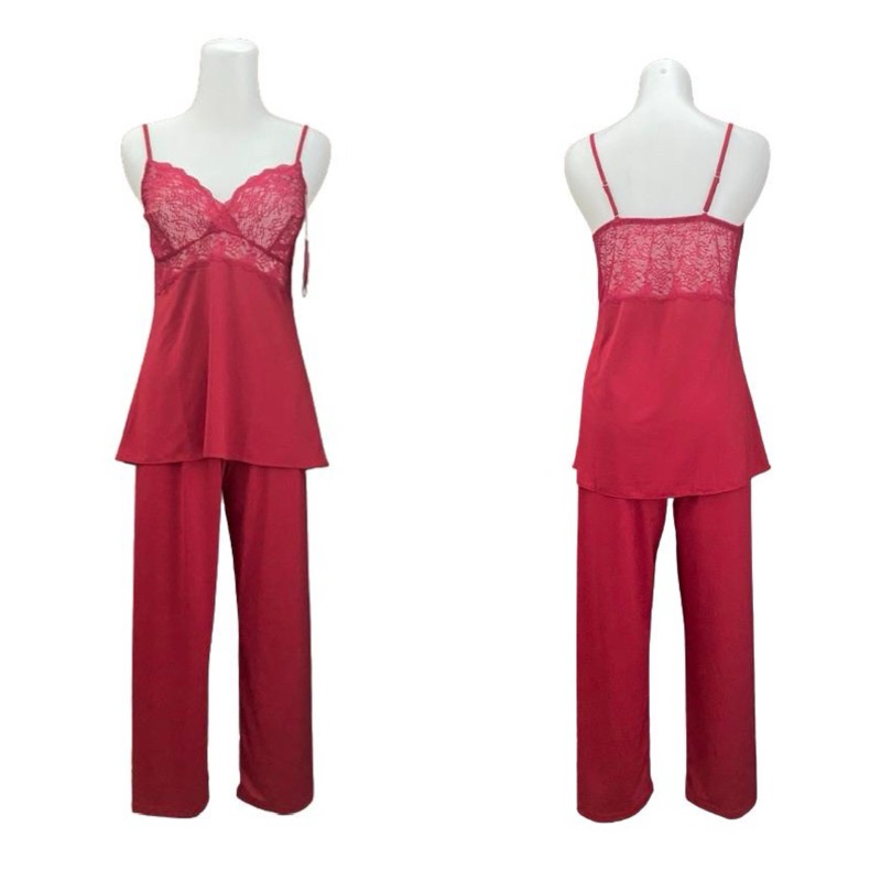 THE BRAHOUSE SET LINGERIE BAJU TIDUR CELANA PANJANG + TANKTOP WARNA MAROON