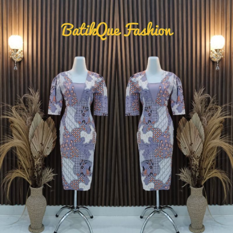 (BatikQue) Dres Elizha Batik Strech / Dress batik wanita / dress kantor / dress kondangan