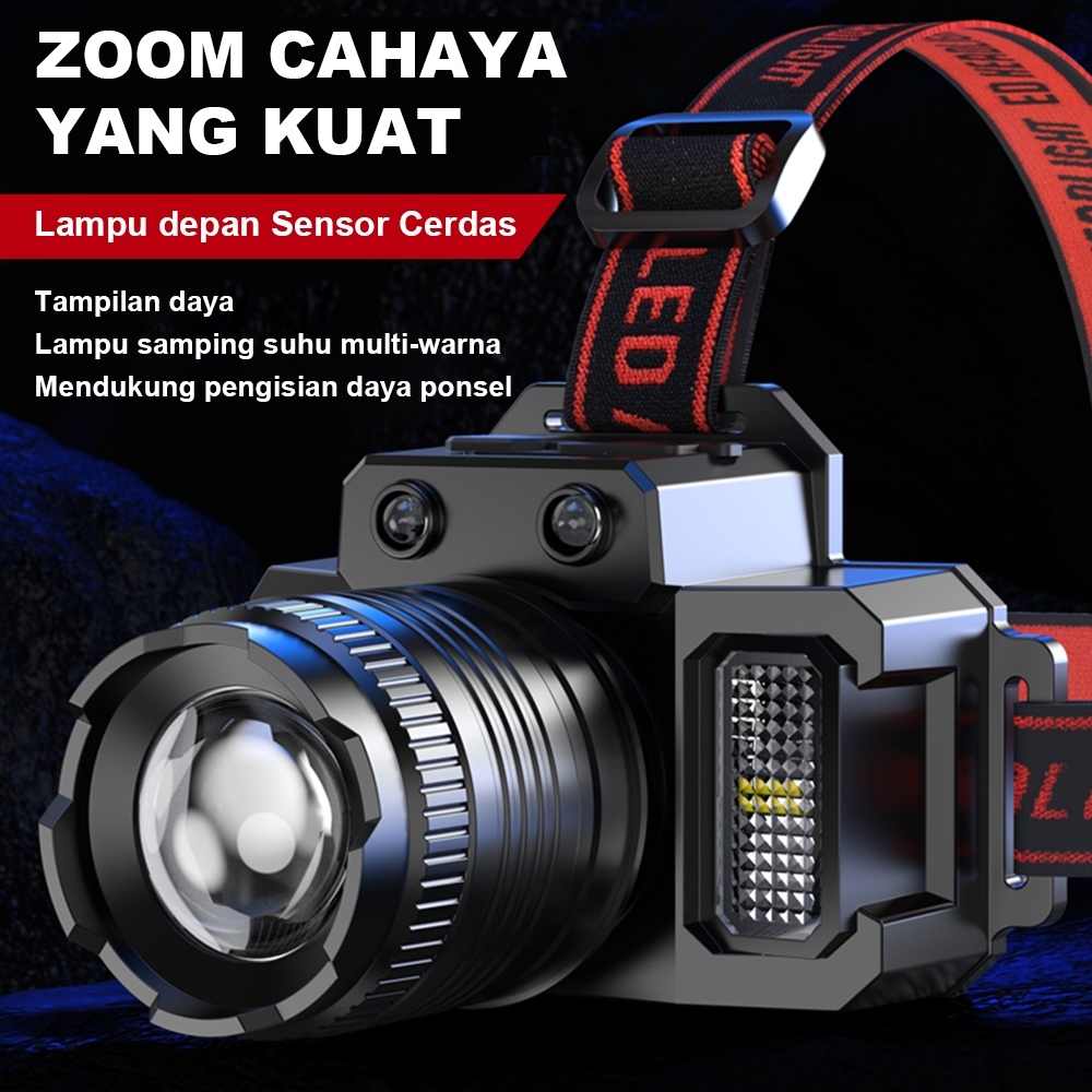 Headlamp Senter Kepala LED Super Terang 5000 Lumen dengan Sensor Tangan USB Charging Senter T8 Zoom 