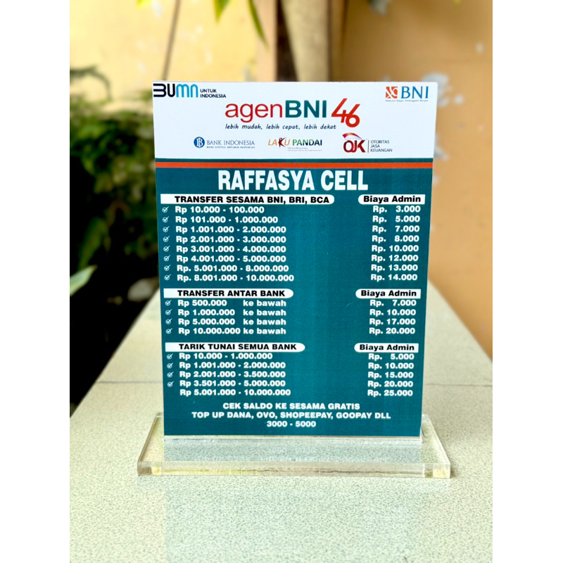 

BISA REQUEST TARIF BIAYA ADMIN AGEN BANK BNI AKRILIK TEBAL UKURAN 15x20CM