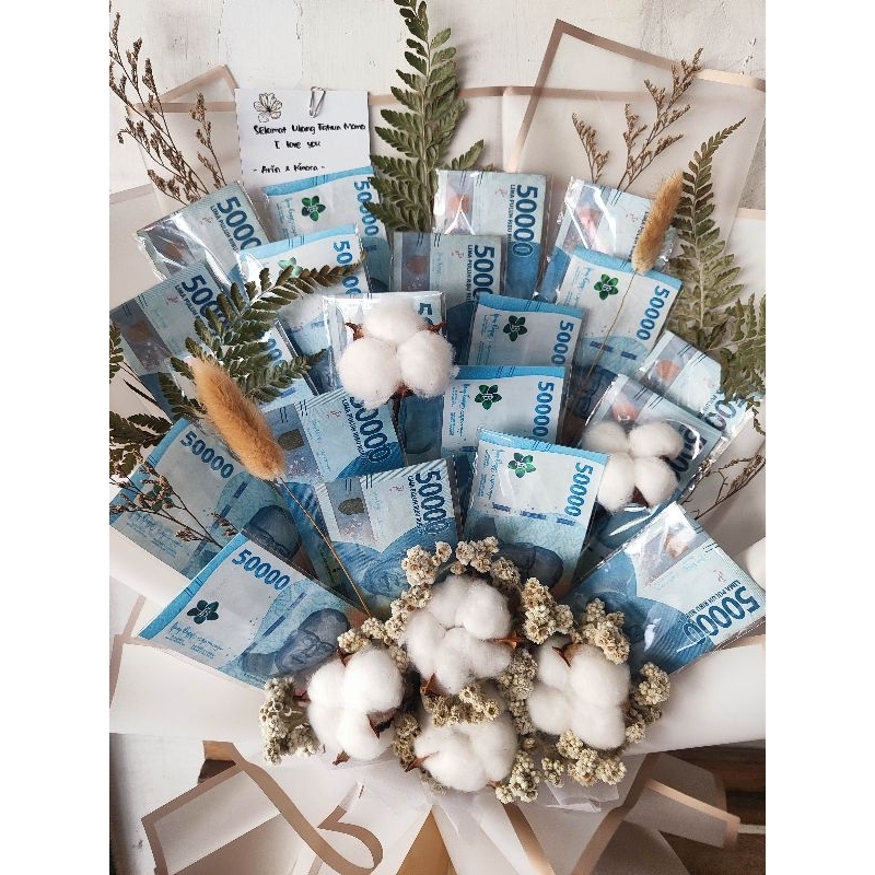 buket uang mainan 20 lembar mixed bunga kapas, edelweiss dan bunga kering, bucket sidoarjo, surabaya