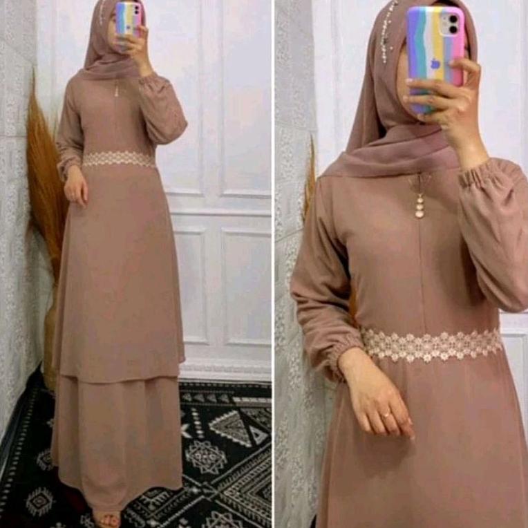 Anjani//Gamis Melayu Renda pinggang Formal Elegan Bahan Crinkle Polos Terbaru/Dress Maxi Malaysia Ke
