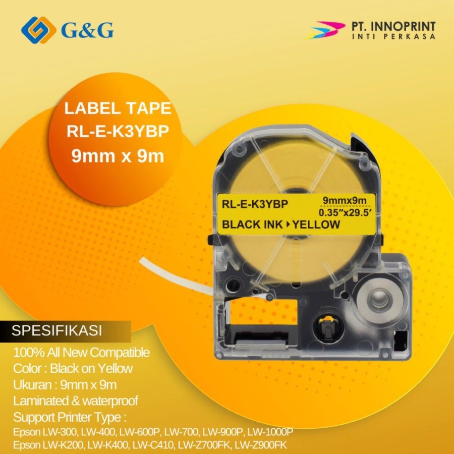 

Pita Label Tape Printer Epson LW Series & KingJim 9mm x 9 m Black Ink Yellow