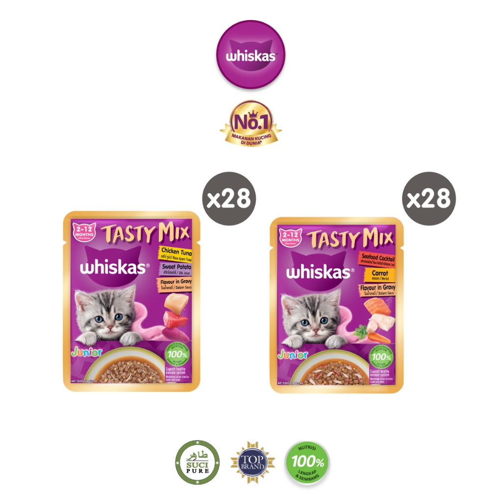 Whiskas Tasty Mix Gravy Makanan Kucing Basah Pouch Junior 70 gr - Isi 28