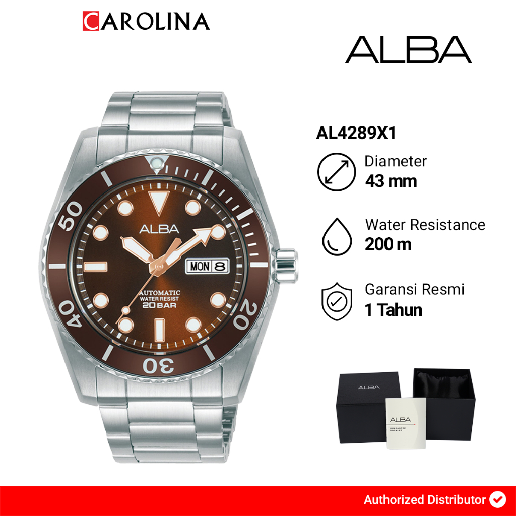 Jam Tangan Pria Alba Mechanical AL4289X1 Automatic Brown Dial Stainless Steel Strap