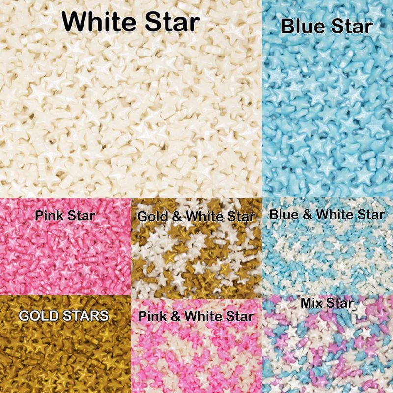 

SPRINKLE/SPRINKEL/SPRINKLES/SUGAR BEADS/MUTIARA/HIASAN CAKE BINTANG/STAR GOLD PUTIH BIRU PINK