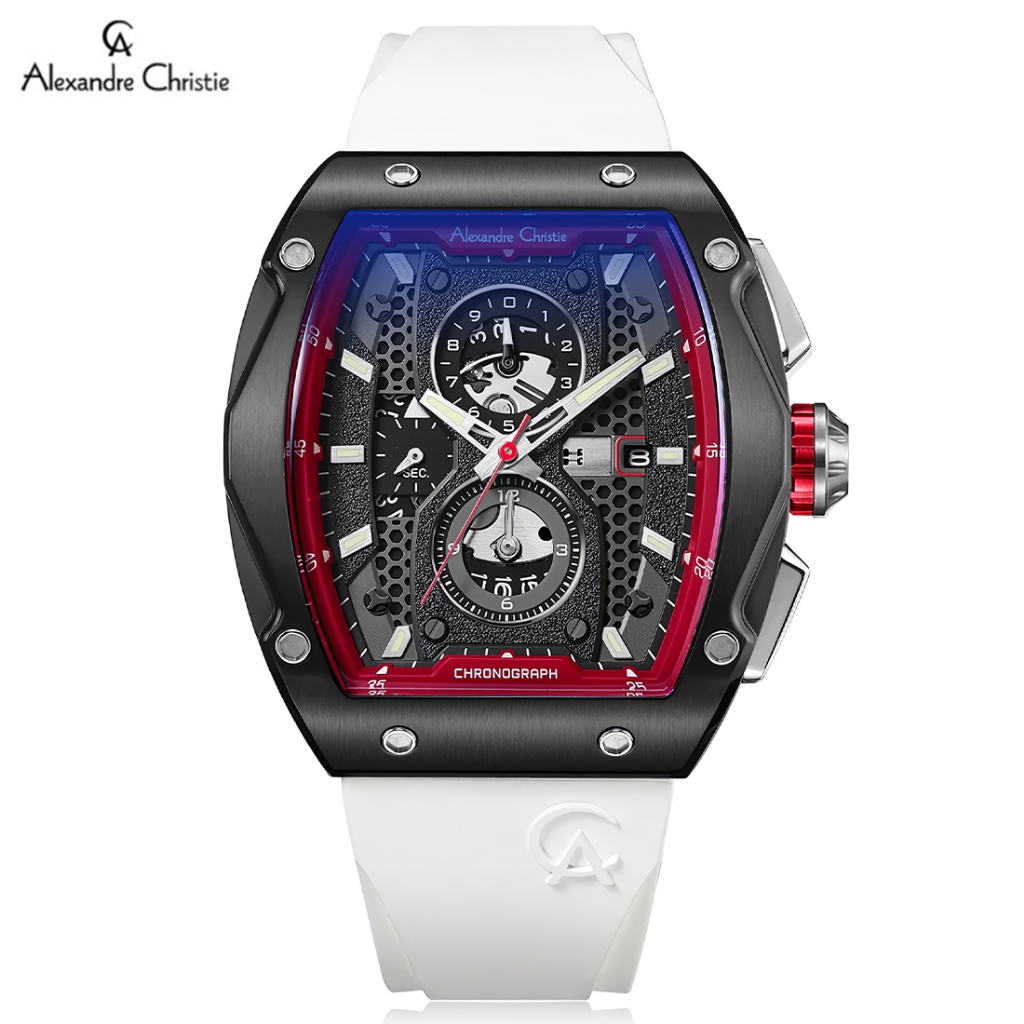 Alexandre Christie 6608 MCRTBBARESL Jam Tangan Analog Pria - Black White - Rubber Strap
