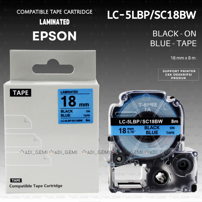 

Compatible TAPE Cartridge EPSON LC-5LBP SC18BW BLACK ON BLUE 18MM X 8M