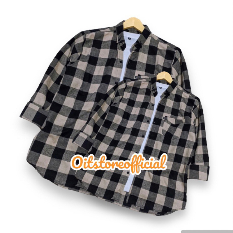 KEMEJA FLANEL COUPLE AYAH ANAK MOTIF KOTAK CATUR CREAM LENGAN PANJANG