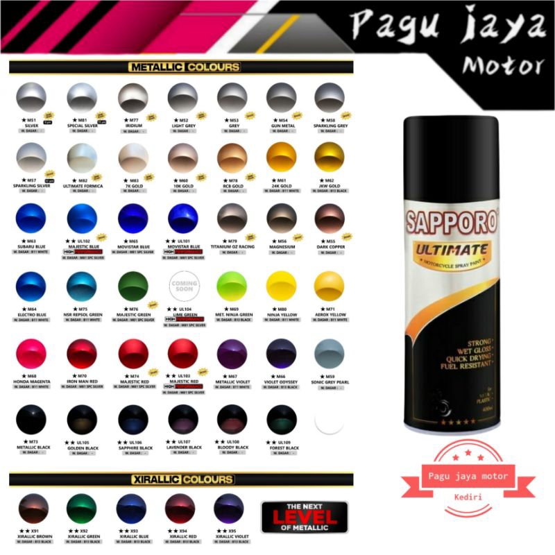 SAPPORO ULTIMATE 400ml SEMUA WARNA CAT SEMPROT SPRAY PAINT pilox pilok black hitam red merah white p