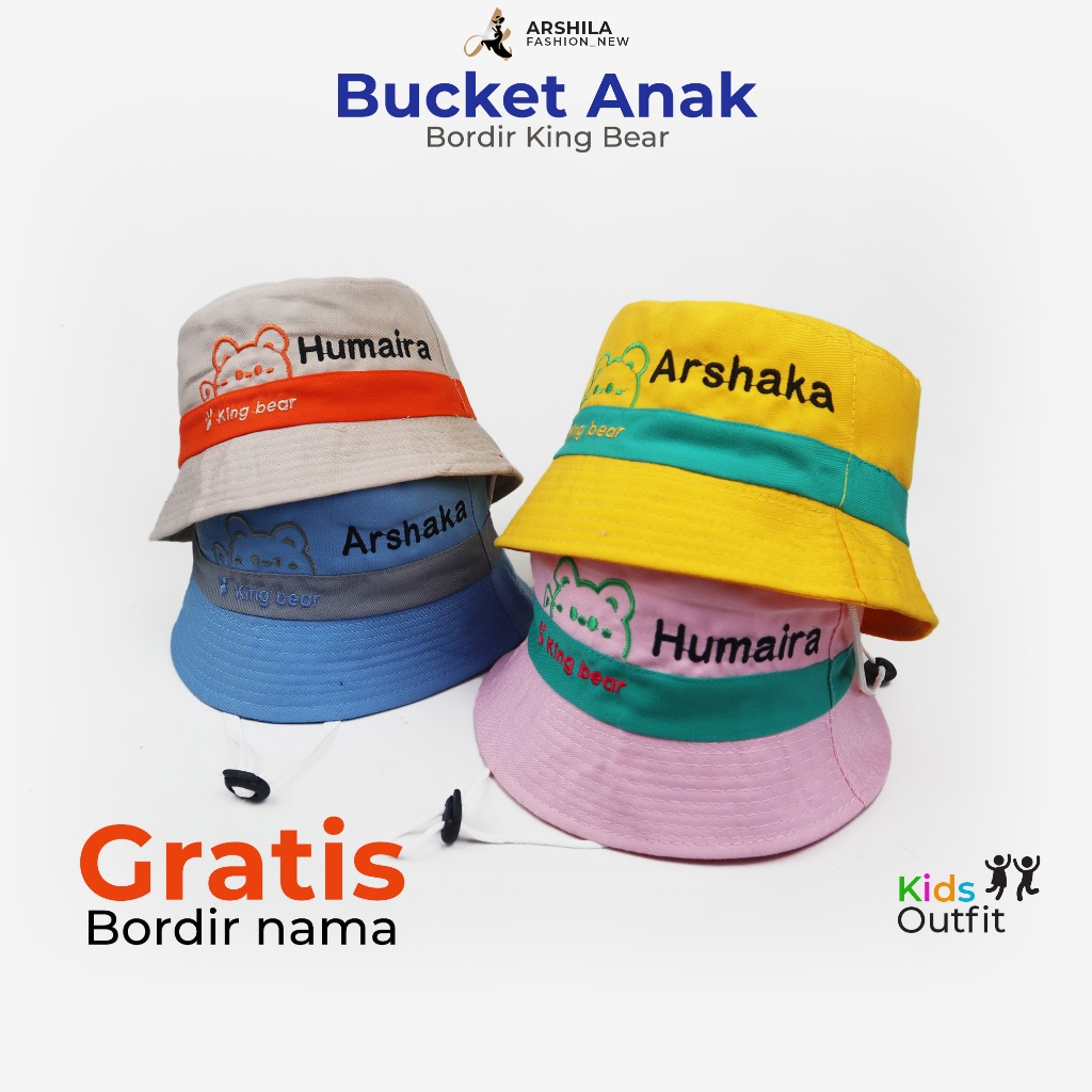 Topi Bucket Anak Laki Laki Perempuan KingBear Gratis Bordir Nama