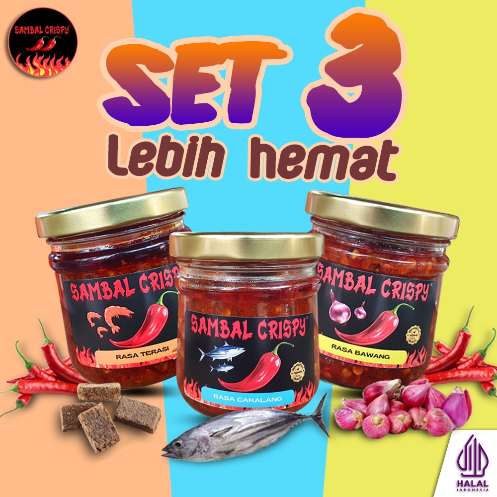 

Paket 3 Sambel BAWANG, CAKALANG, TERASI Cabai Merah Pedas Gurih SAMBAL CRISPY 150 Gram - Home Made