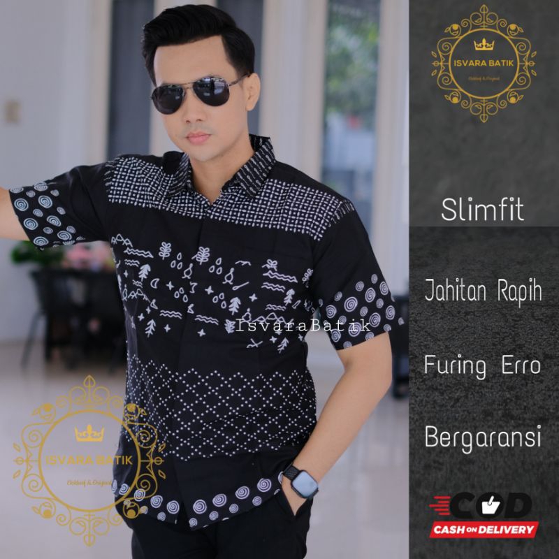 Kemeja batik slim fit lengan pendek pria terbaru hem batik warna hitam ASMARA batik lengan pendek sl
