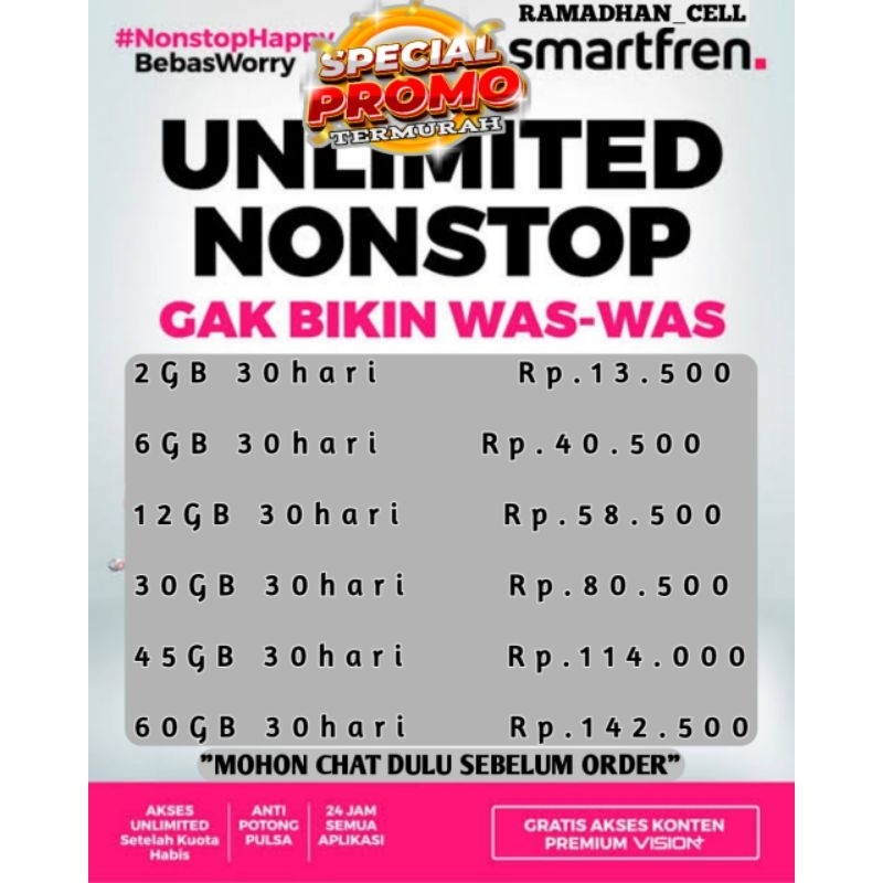 PAKET DATA KUOTA SMARTFREN 4G UNLIMITED NONSTOP TERMURAH DIKIRIM VIA CHAT
