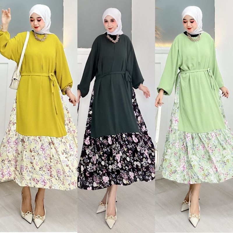 Paket Isi 2 Midi Dress Crinkle Airflow Kombinasi Rayon Jumbo