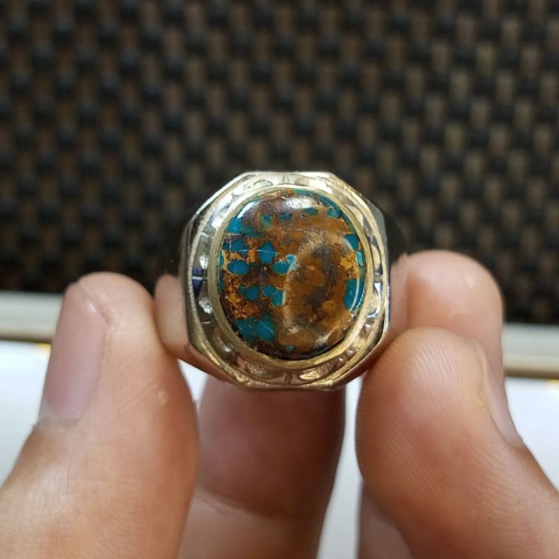 Cincin Batu Pirus Persia Biru Urat Emas Mini Top Grade