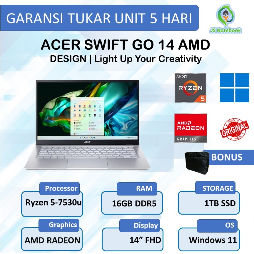 Laptop Acer Swift Go 14 AMD Ryzen 5-7530u 16GB 1TB SSD Win11