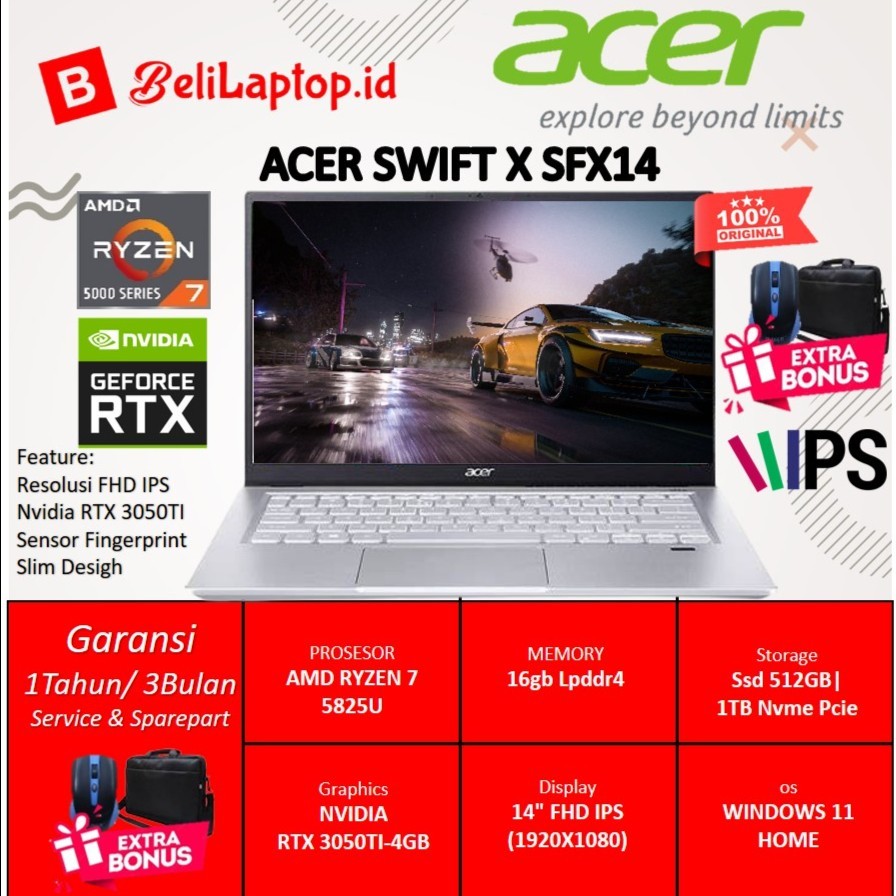 Acer Swift X SFX14 Amd Ryzen 7 5825U Nvidia RTX3050TI 1TB SSD