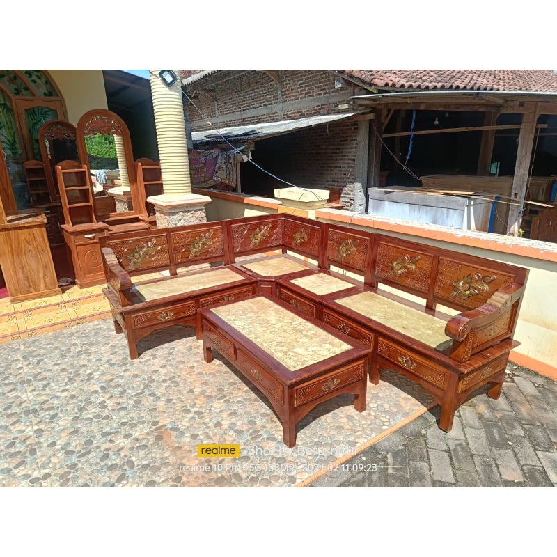 kursi ruang tamu sudut minimalis kayu jati / kursi tamu kayu jati