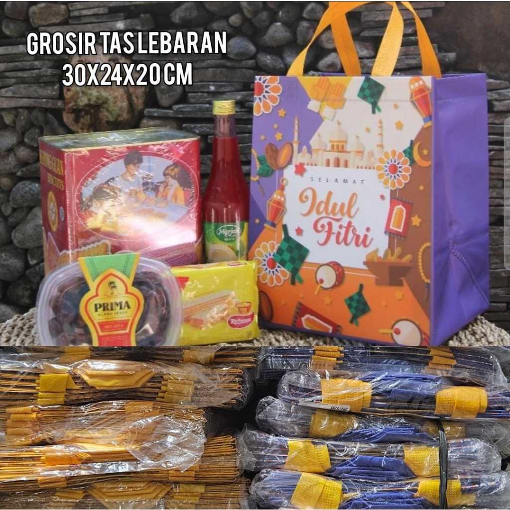 

Grosir Tas Parcel Lebaran 30x24x20cm Muat Box Nasi isi Paket 5pcs Laminasi Kokoh Anti Air Goodie Bag Hari Raya Idul Fitri