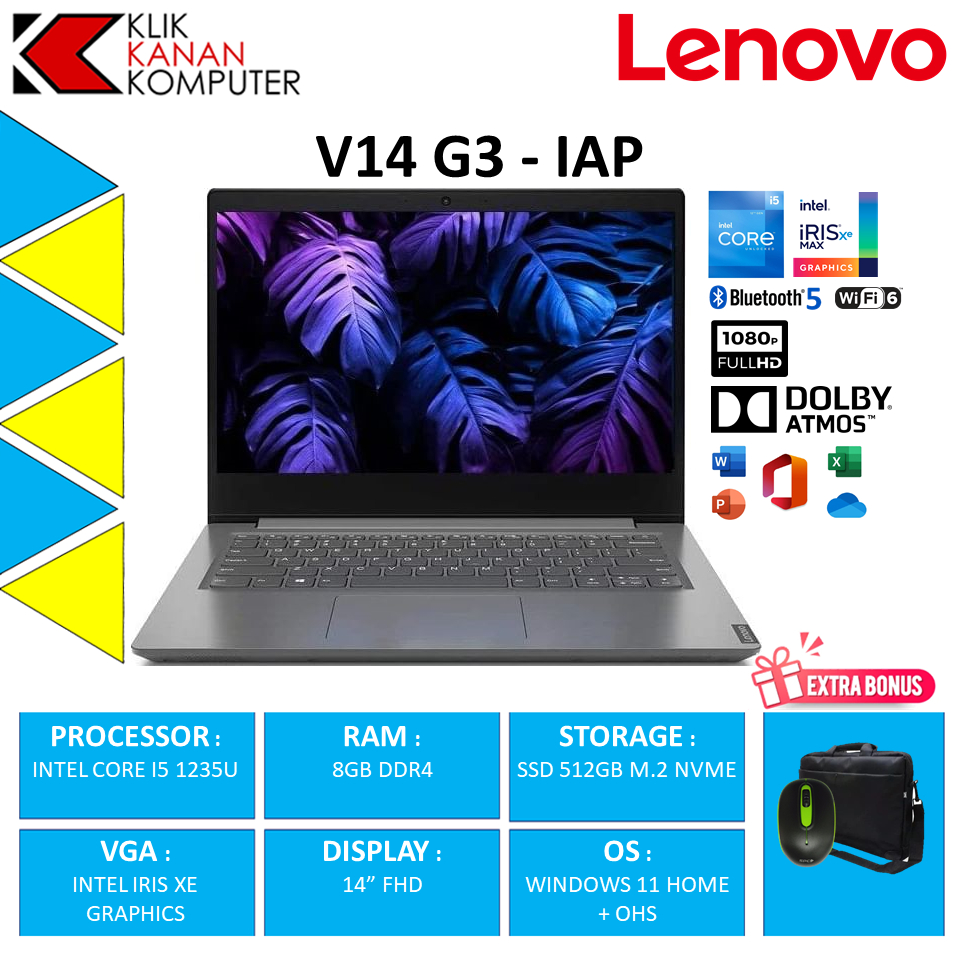 Laptop Baru Lenovo V14 G3 IAP Intel Core i5 1235U 8GB 512GB 14.0 Full HD Intel Iris Xe Windows 11 Home Original Office Home &amp; Student