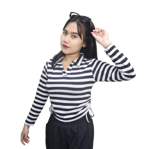Top Blouse Kaos Kerah Serut Vneck T-Shirt Wanita Atasan BerKerah Polo Lengan Panjang Tali Serut Styl