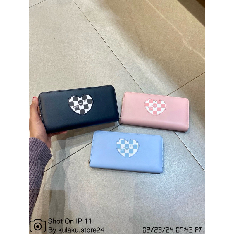 MINISO Heart Shape Plaid Women's Long Wallet with Round Zipper(Black, blue, pink) / dompet panjang w