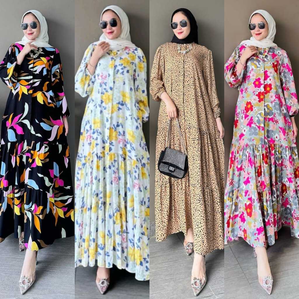 Maxy Dress / Gamis Rayon Premium Motif Bunga, Daun, Leopard Kancing Rempel Bawah